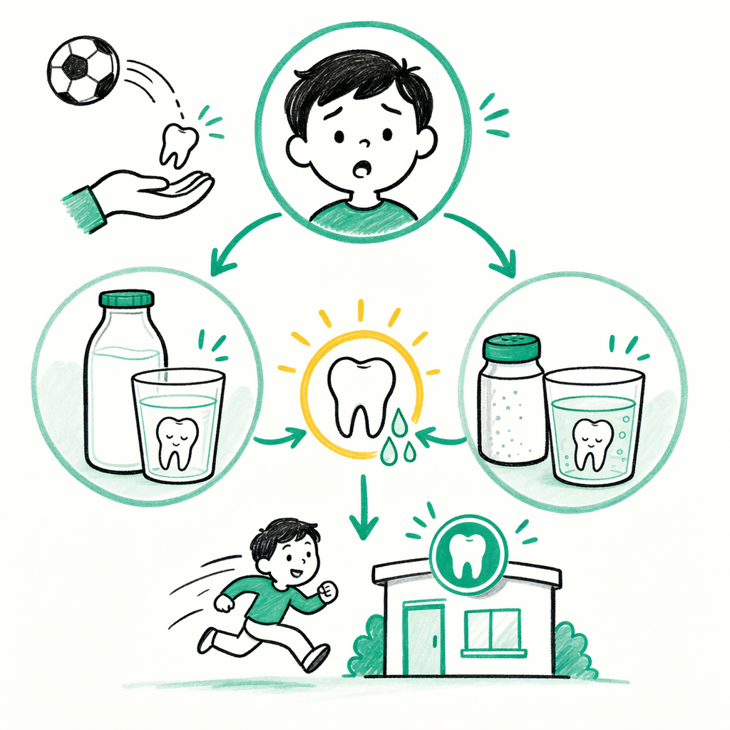 Illustration: How to store a knocked-out tooth (milk vs saline)