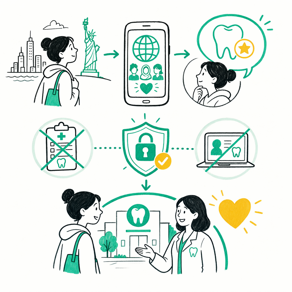 Illustration: New to the US, found a dentist in their language